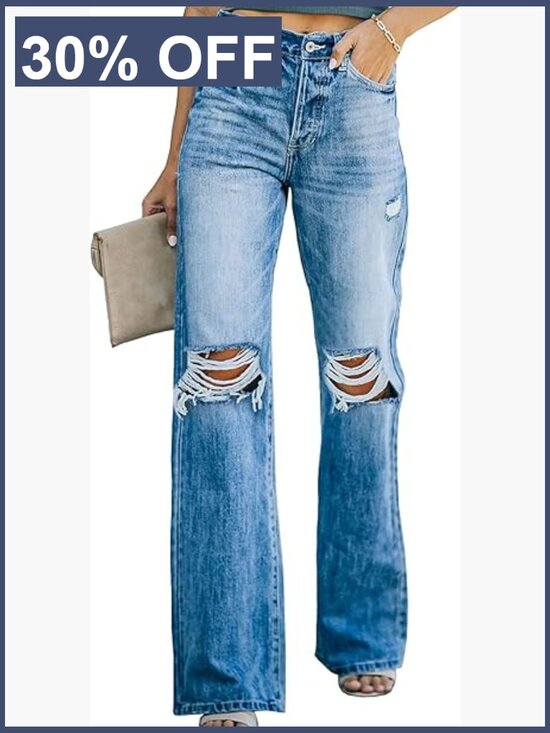 Denim - High Waisted Ripped Wide Leg Jeans Distressed Denim Pants Women